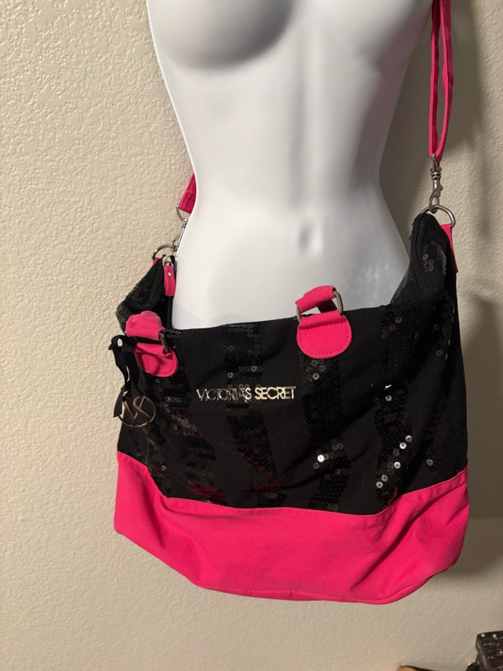 Victoria's Secret Black and Hot Pink Sequin Tote